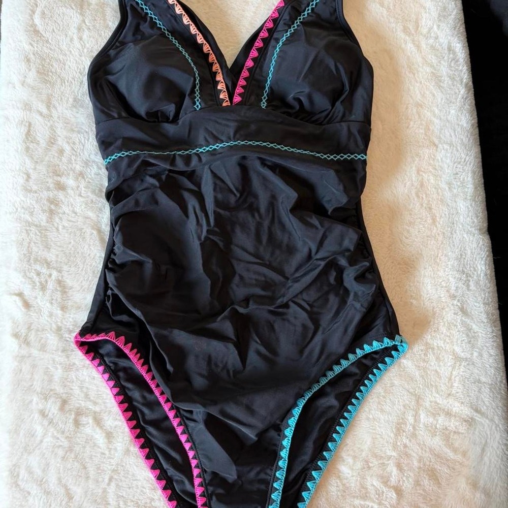CUPSHE Black One Piece Swimsuit Pink Blue Trim Ruched Tie Back Size S NEW